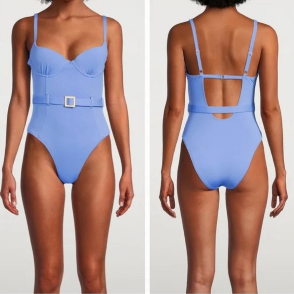 We Wore What Retro Sweetheart Swimsuit One Piece Danielle Belted Ocean Blue Sz L